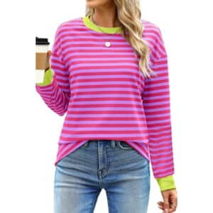 Vantagewares Women's Contrast-Trim Long-Sleeve Striped T-Shirt - Purple