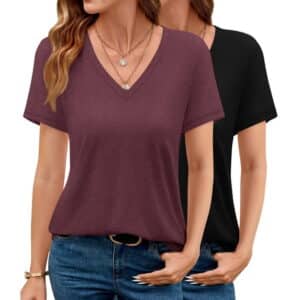 Vantagewares Women's 2-Pack Short-Sleeve V-Neck T-Shirts - Black/Burgundy