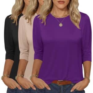 Vantagewares Women's 3-Pack Three-Quarter-Sleeve Crewneck T-Shirts - Dark Purple/Light Khaki/Black