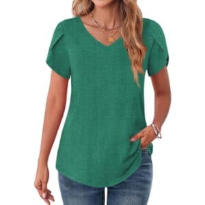 Vantagewares Women's Petal-Sleeve V-Neck T-Shirt - Dark Green