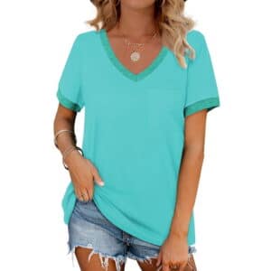 Vantagewares Women's Contrast-Trim V-Neck Pocket T-Shirt - Lake Blue