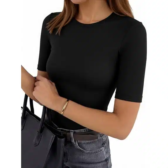 Half-sleeve fitted crewneck tee, shown on a model