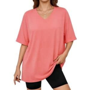 Vantagewares Women's Rolled-Cuff Oversized V-Neck T-Shirt - Light Pink