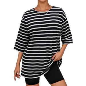 Vantagewares Women's Three-Quarter-Sleeve Striped Crewneck T-Shirt - Black/White