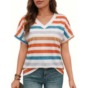 Vantagewares Women's Striped Dolman-Sleeve V-Neck T-Shirt - Orange/Blue