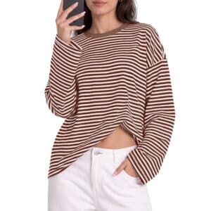 Vantagewares Women's Oversized Long-Sleeve Striped Crewneck T-Shirt - Dark Coffee