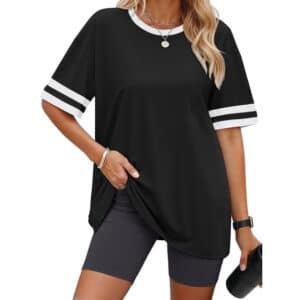 Vantagewares Women's Contrast-Trim Striped-Sleeve Crewneck T-Shirt - Black/White