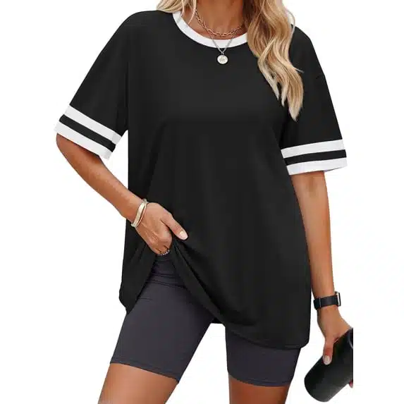 Contrast-trim striped-sleeve tee, Black/White