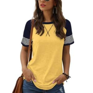 Vantagewares Women's Color-Block Striped-Sleeve Crewneck T-Shirt - Yellow/Navy/White