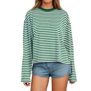Vantagewares Women's Long-Sleeve Striped Crewneck T-Shirt - Green/White